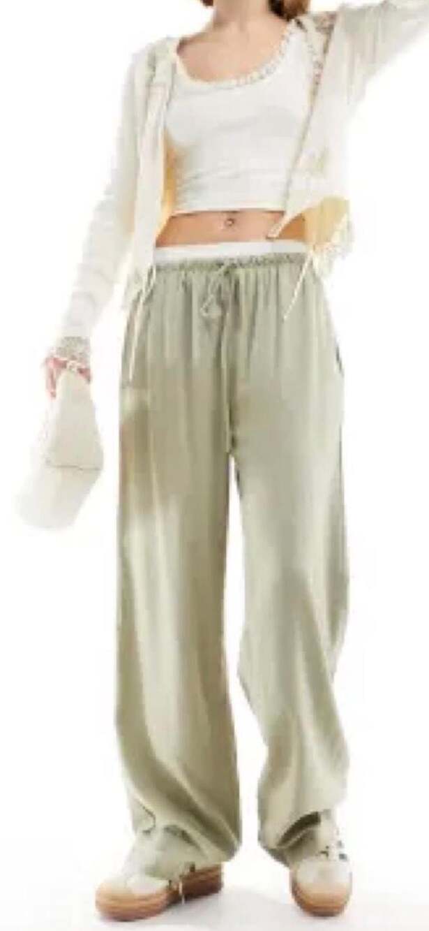 Cotton On Women's Green Linen Blend Drawstring Wide Leg Pants Size 10 NWT